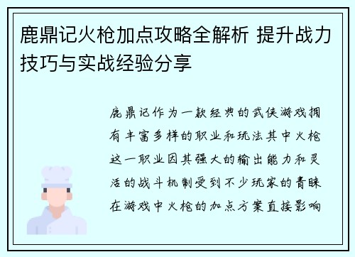 鹿鼎记火枪加点攻略全解析 提升战力技巧与实战经验分享